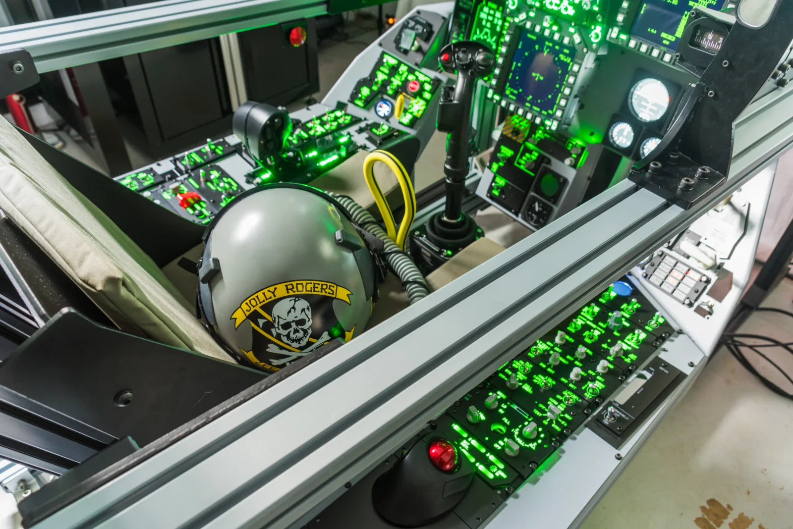 Cockpit controls and flight helmet inside a Dogfight Dynamics system