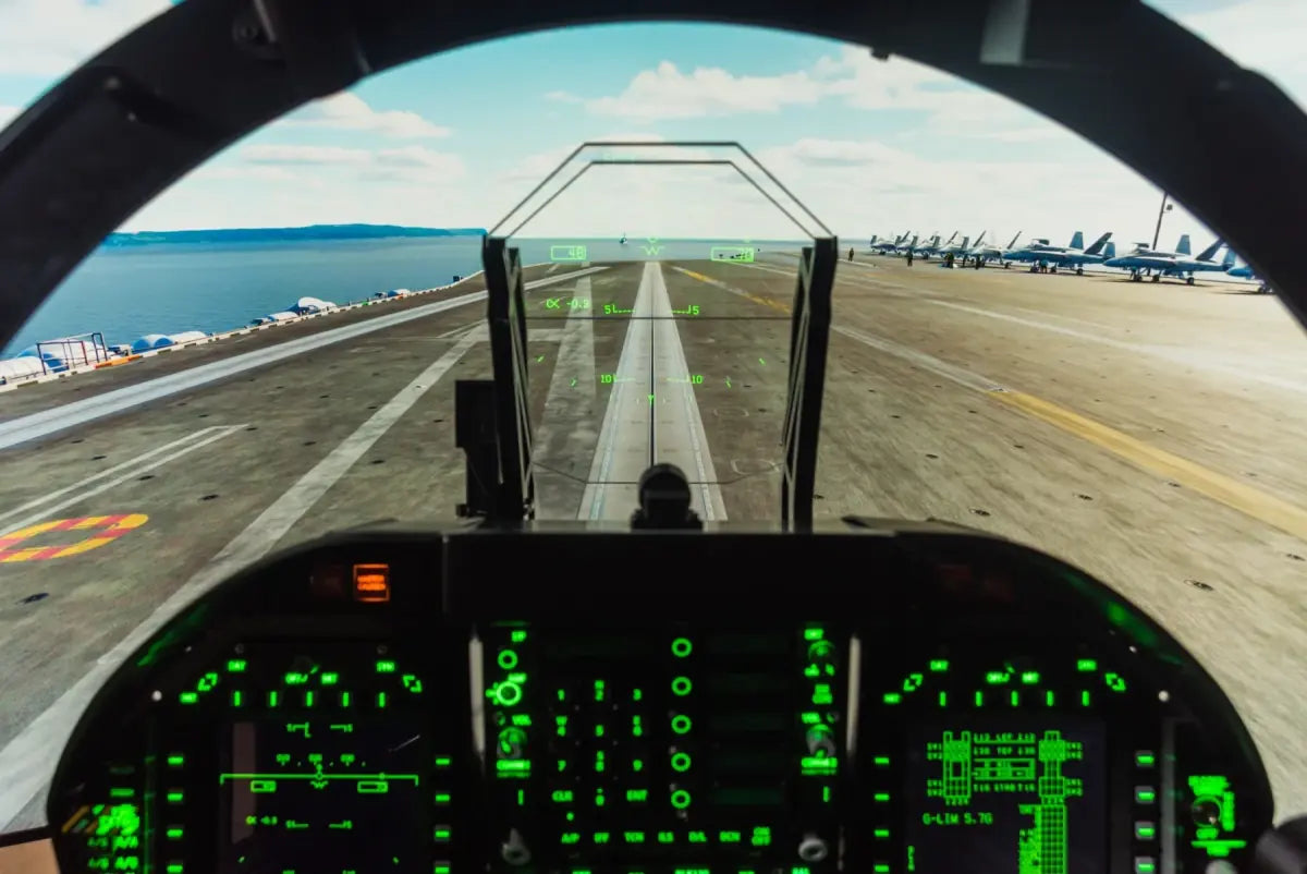 Cockpit view aligned with an aircraft carrier runway