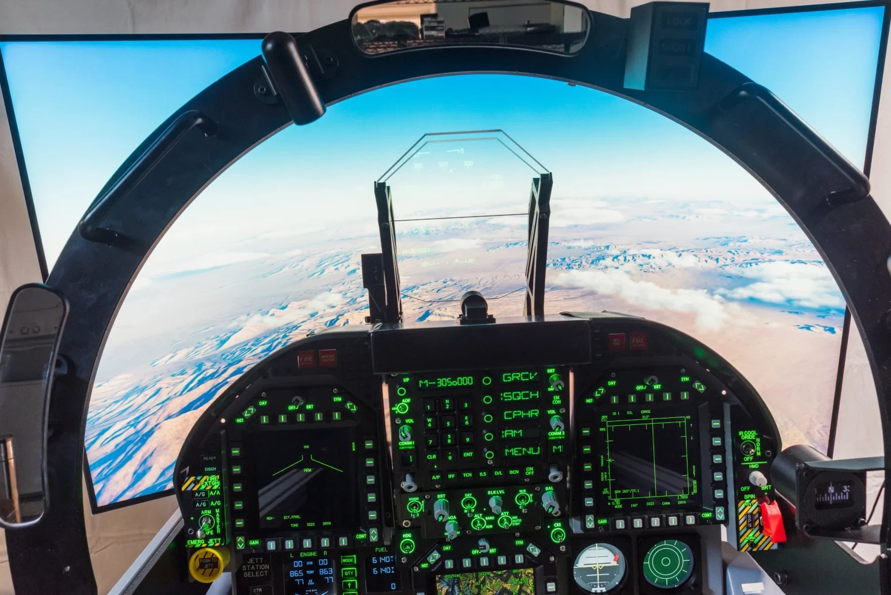 Dogfight Dynamics cockpit flying above the clouds