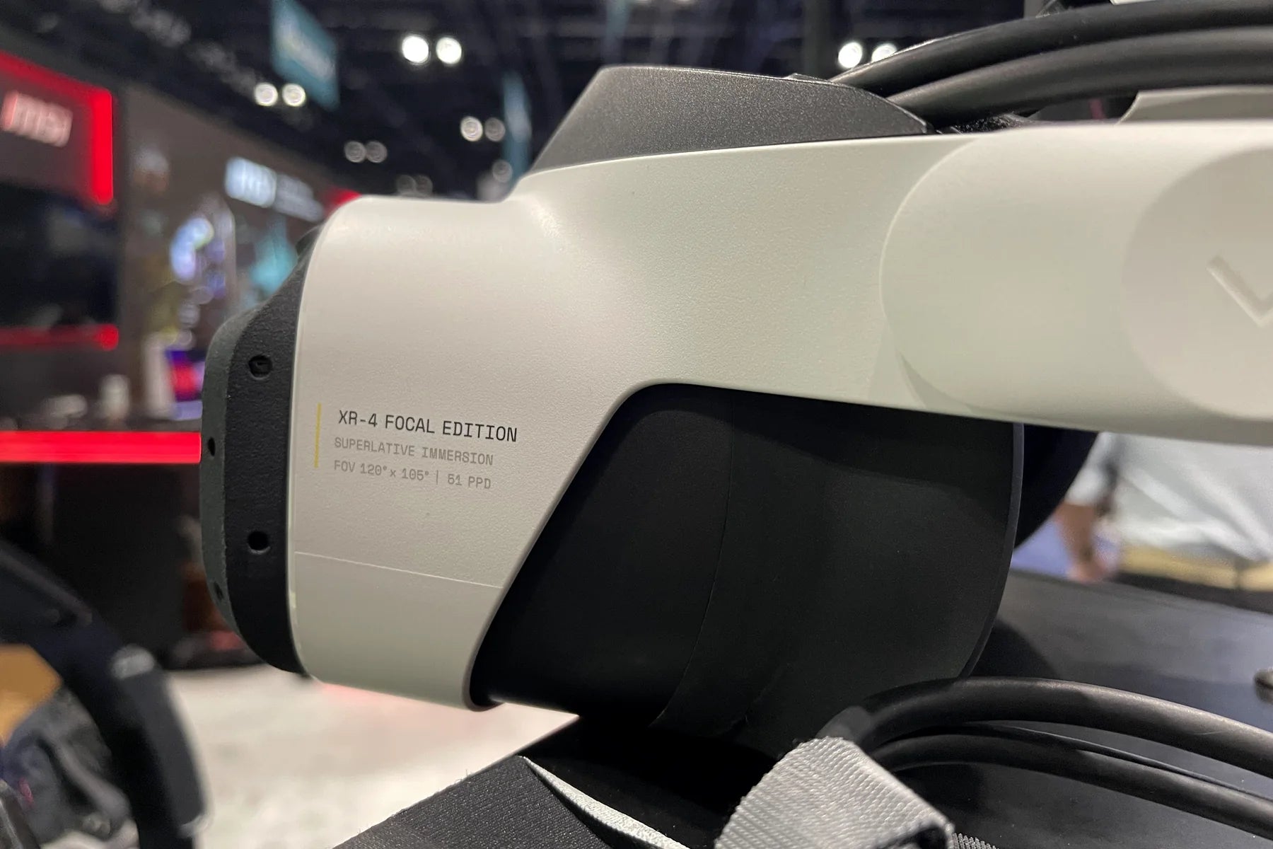 VR headset mounted on the Dogfight Dynamics cockpit at I/ITSEC 2024