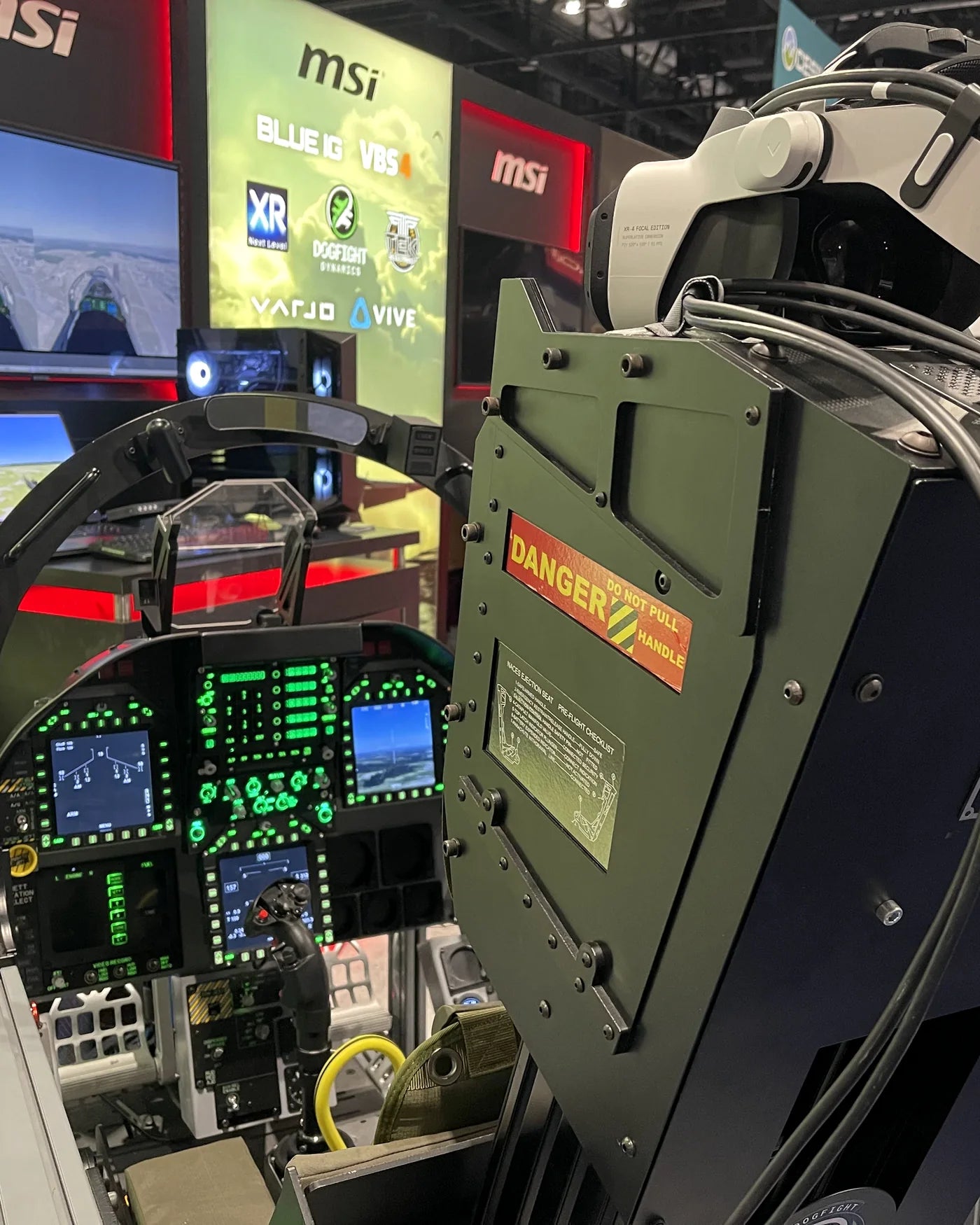 Dogfight Dynamics F/A-18C cockpit installed in the MSI booth at I/ITSEC 2024